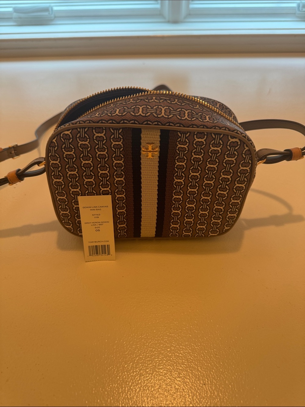 Tory Burch Brown Logo Canvas Crossbody with Navy & Tan Stripe